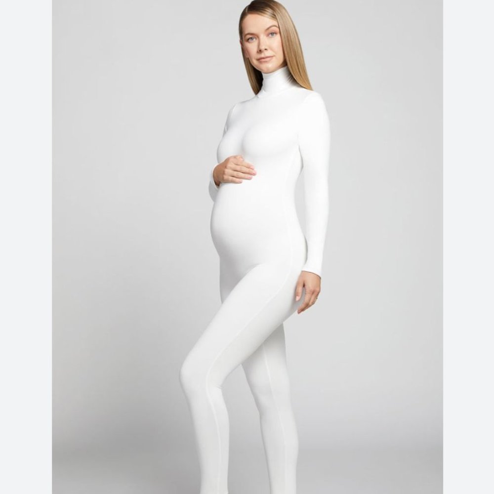 Bumpsuit Penelope White Long Sleeve Turtleneck Maternity Jumpsuit